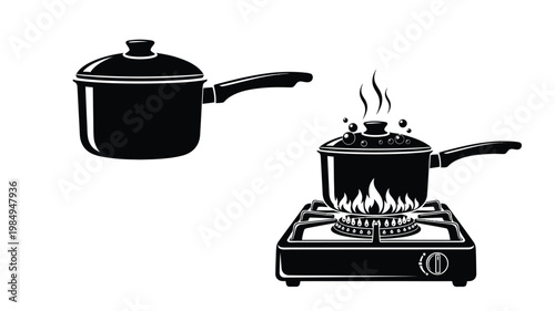 Cooking pot and stove top with steam a black silhouette