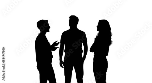 Three silhouettes engaged in a conversation with one person gesturing isolated on transparent background, Vector
