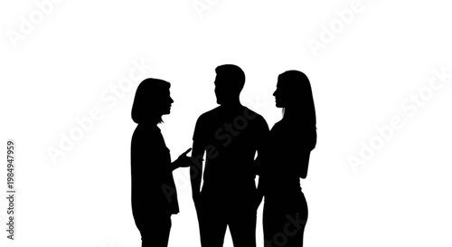 Three silhouettes engaging in a conversation together isolated on transparent background, Vector