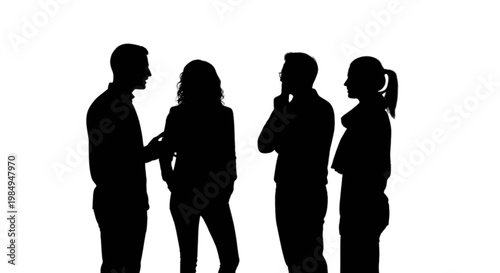 Four silhouettes engaged in a group conversation isolated on transparent background, Vector