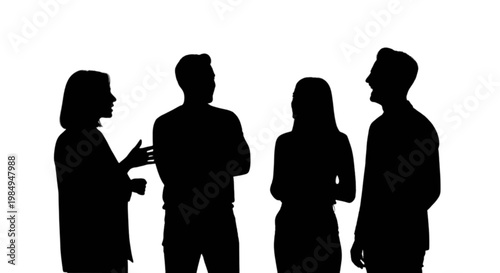 Four silhouetted individuals engaged in a conversation isolated on transparent background, Vector