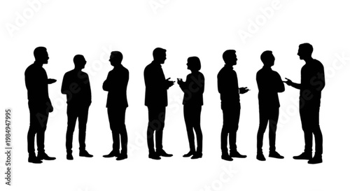 Group of seven people standing in casual conversation formation isolated on transparent background, Vector