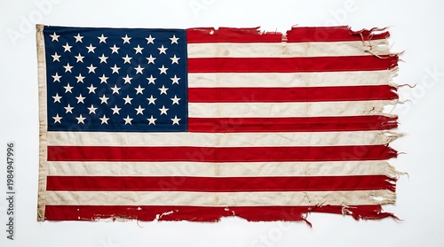 Torn and frayed american flag with white stars on blue rectangle and red and white stripes  usa symbol