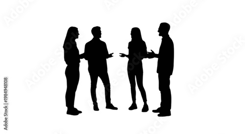 Four professionals engaged in a collaborative business discussion isolated on transparent background, Vector