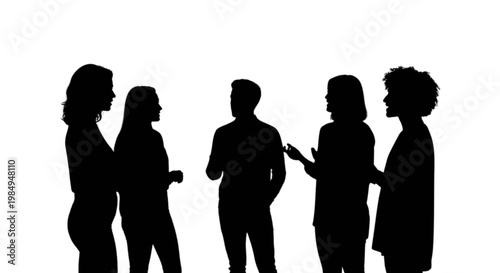 Group of five people engaged in a lively conversation together isolated on transparent background, Vector