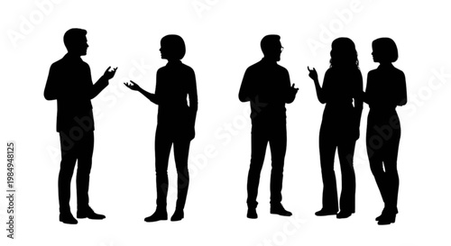 Group of five silhouetted people using handheld devices together outdoors isolated on transparent background, Vector