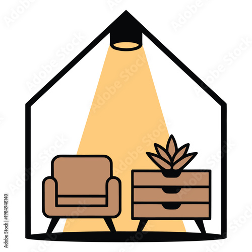 Cozy corner in a warmly lit minimalist living room with an armchair and a plant stand