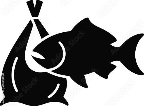 Black icon of fish emerging from a tied bag symbolizing fishing catch or seafood vector illustration
