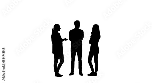 Three people engaged in a conversation with one showing something on a device isolated on transparent background, Vector