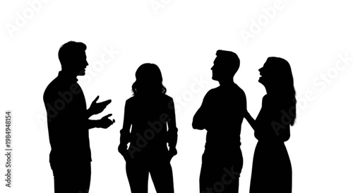 Four silhouettes engaged in a conversation with varying body language isolated on transparent background, Vector