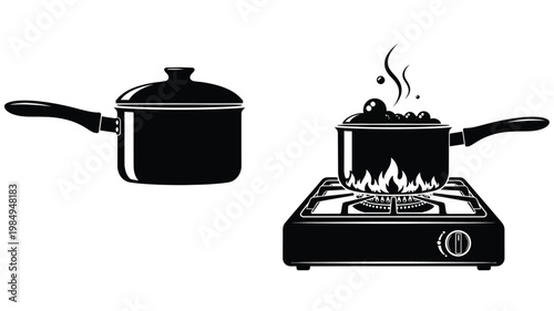 Black cookware and stove top a striking graphic silhouette