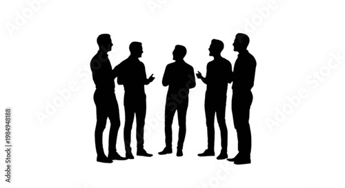 Group of five professionals engaged in a collaborative discussion isolated on transparent background, Vector