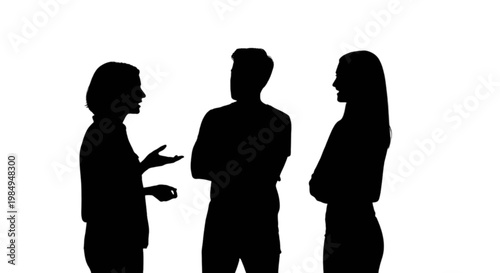 Three silhouettes engaged in a conversation with gestures isolated on transparent background, Vector