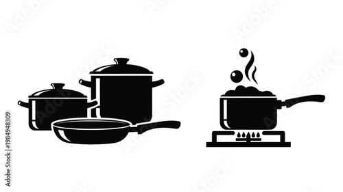 Black cookware set including pots pans and a simmering sauce silhouette