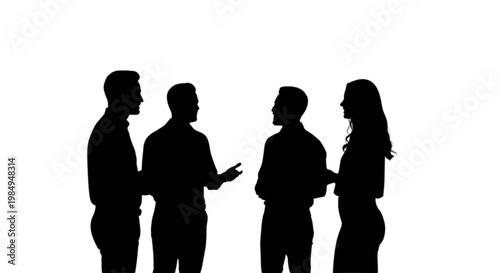 Four silhouettes engaged in a group conversation isolated on transparent background, Vector