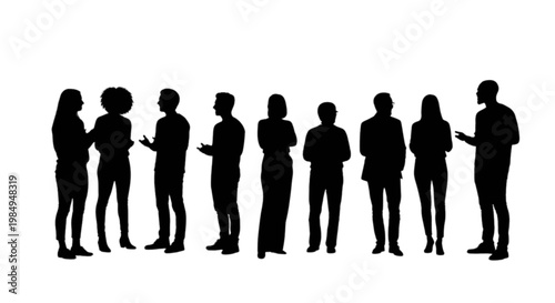 Group of people standing in a line and engaging in conversation isolated on transparent background, Vector
