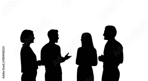 Four silhouettes engaging in a group conversation isolated on transparent background, Vector