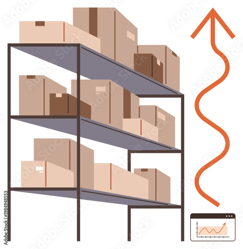 Supply chain management, business growth, logistics, shipping, inventory optimization, stock management. Shelves filled with cardboard boxes and an upward arrow with a chart. Business growth
