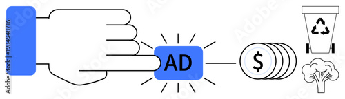 Digital marketing, ecological advertising, revenue generation, sustainability, recycling, environmental awareness. Hand pressing ad button with coins, recycling bin tree. Digital marketing