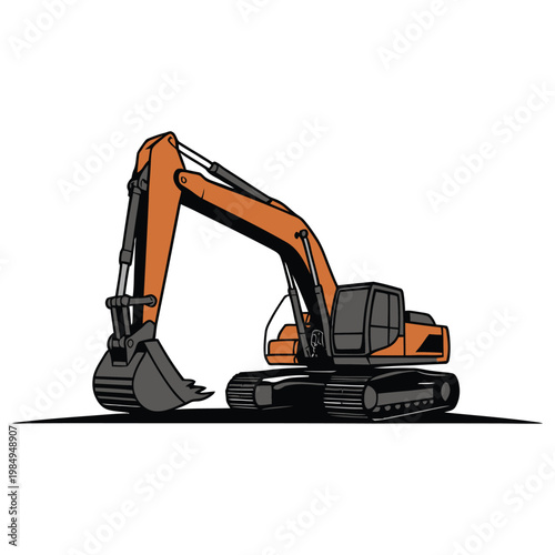 Illustration of an excavator with extended arm and bucket on a flat surface