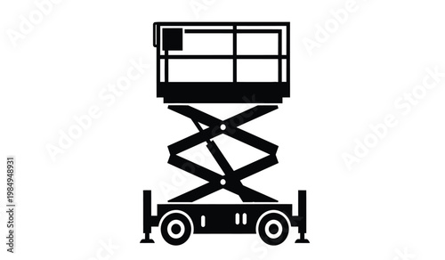 A stark black silhouette depicts a mobile aerial work platform commonly known as a scissor lift against a white background silhouette high quality professional