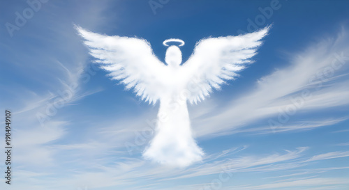 Glowing white angel with outstretched wings in serene blue sky, divine light and halo effect