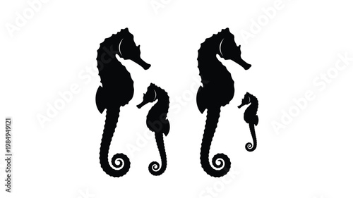 Three seahorses of varying sizes displayed as a dark silhouette