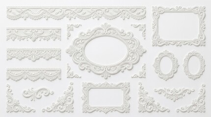 White whimsical lace frames and borders with ornate scrollwork in rectangular and oval forms, elegant curves and playful flourishes on a clean isolated layout, ultra-realistic, no logos.