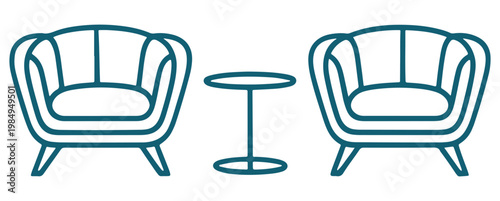 Vintage-style armchairs and round table outline design with contour lines