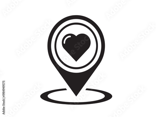Black and white location pin with heart icon inside Vector