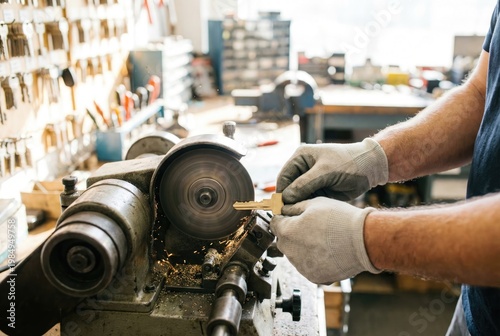 Locksmith holding a blank brass key against a sparking grinding wheel on a key duplicating machine