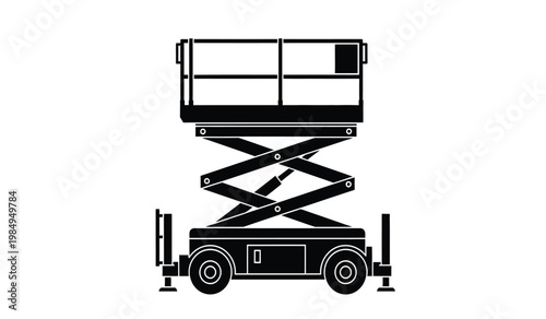 A stark black and white depiction showcases a scissor lift machine in a simplified graphic style silhouette high quality professional detailed modern elegant stylish