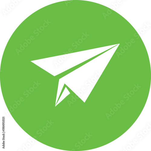 A green circular icon featuring a white paper airplane symbol Vector