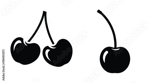 Two dark cherries with stems displayed as a bold silhouette