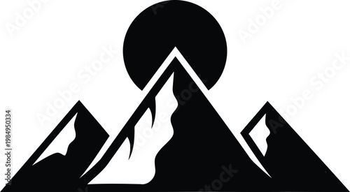 Silhouette of majestic mountains with a rising full moon behind the peak. Vector