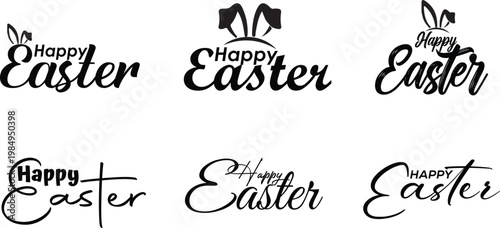 Happy Easter Typography Bundle Set with Handwritten Script Lettering and Bunny Elements