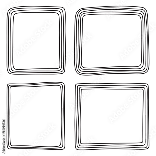 Hand Drawn Wavy Square Frames Set, Abstract Doodle Border Collection Vector Illustration