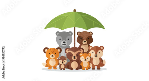 Cute collection of cartoon bears and cubs holding a large green umbrella, adorable animal characters for children