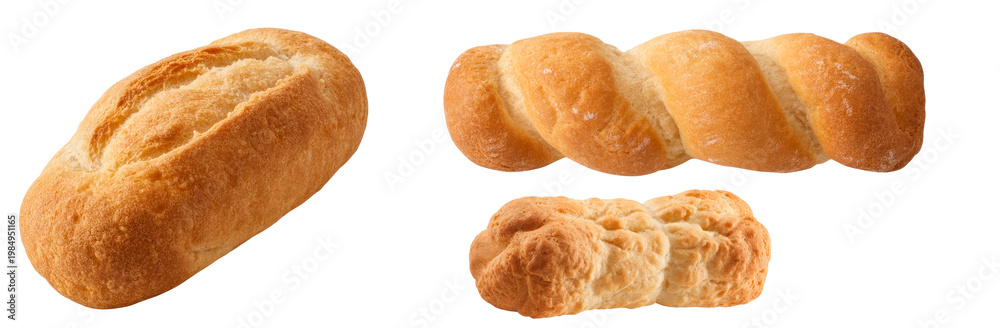 Fototapeta premium Assorted bread loaves set, fresh bakery buns isolated on transparent background