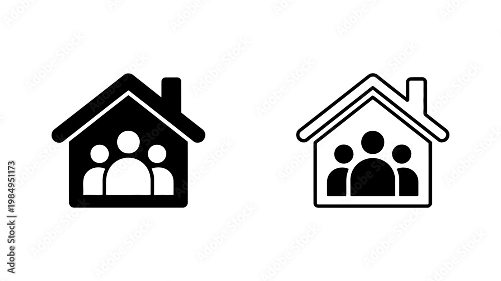 Fototapeta premium A black icon and its outline version of a house filled with the silhouettes of three people, representing a family.