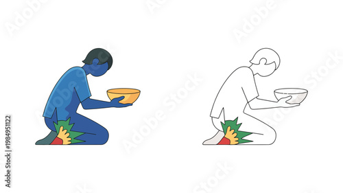 A kneeling person holding a bowl is shown in both colored and outline versions with a vibrant knee patch.