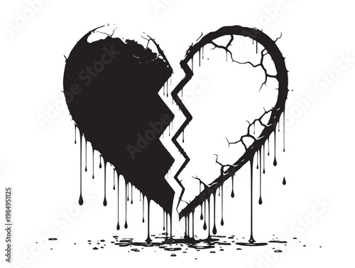 A broken heart symbolized by cracked and bleeding black and white illustration Vector