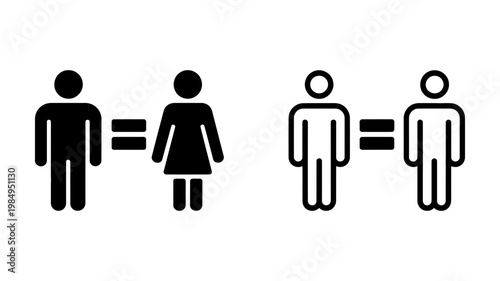 Stick figures of a man and woman connected by an equal sign, alongside two men with an equal sign, appear in solid and outline.