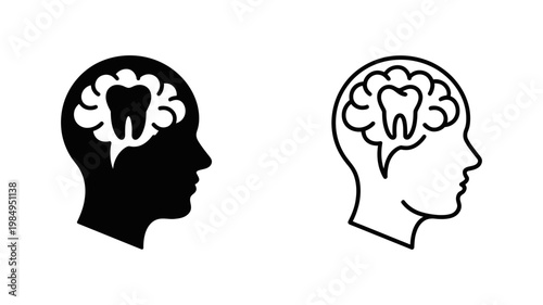 A human head profile silhouette contains a molar tooth icon embedded within the brain area in solid and outline forms.
