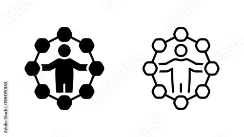 A black silhouette icon and its outline version depicting a person at the center of a network of hexagonal connections.