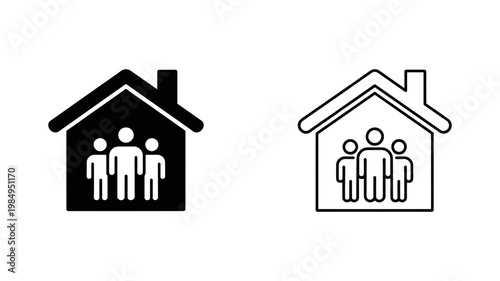 A black filled icon and its line art counterpart show a house containing three adult figures, signifying a family unit.