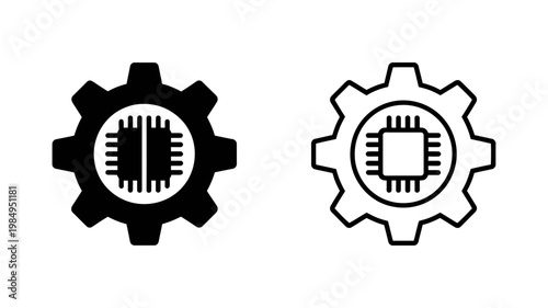 A black cogwheel icon integrated with a circuit board design is shown next to its outlined counterpart.