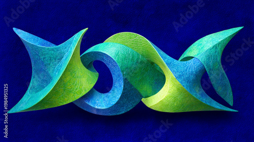 3D Rendering Of Abstract Blue And Green Ribbon Sculpture On Dark Blue Background For Art And Design Concepts