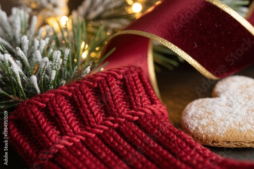 Cozy Christmas still life with red knitted scarf, cookie and warm festive lights