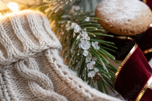 Holiday composition with pine branches, ribbon and sweet cookie, winter mood
